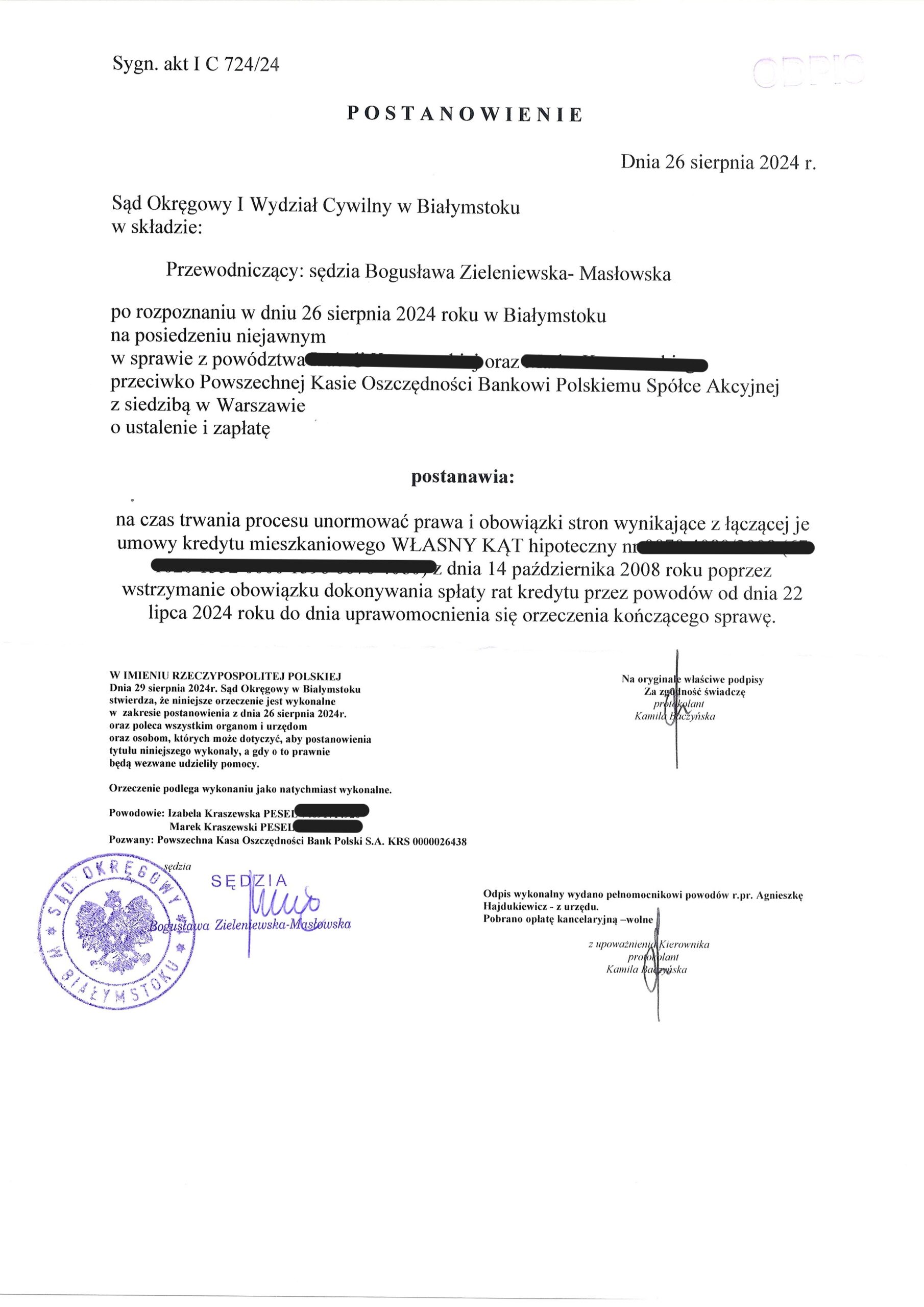 Wstrzymanie obowiązku spłat rat kredytu na czas procesu przeciwko PKO BP umowa kredytu mieszkaniowego WŁASNY KĄT hipoteczny 
