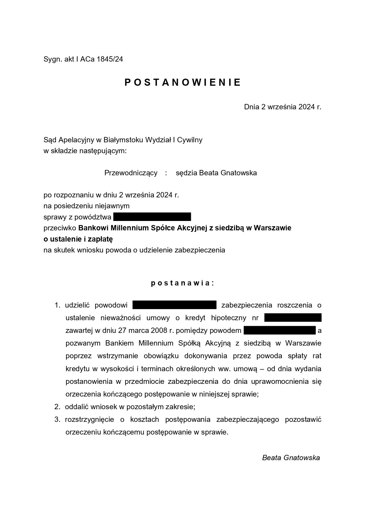 Wstrzymanie obowiązku spłat rat kredytu na czas procesu przeciwko Bankowi Millennium 