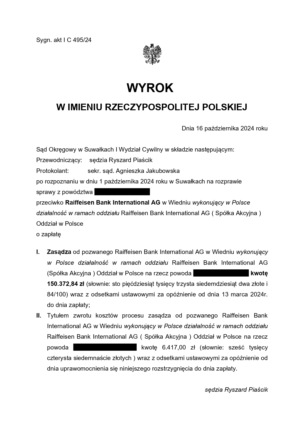 Wygrana z Raiffeisen Bank International AG (poprzednio EFG Eurobank Ergasisas S.A. Oddział w Polsce) umowa o kredyt hipoteczny nieważna 